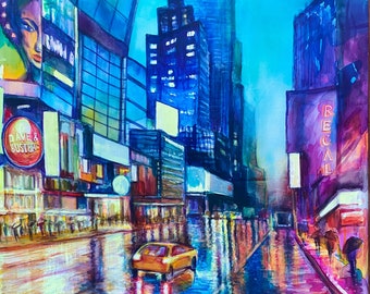 Puede incluir: Una pintura de acuarela de una calle de la ciudad por la noche con edificios altos, un coche conduciendo por la calle y un letrero que dice "REGAL" en el lateral de un edificio.