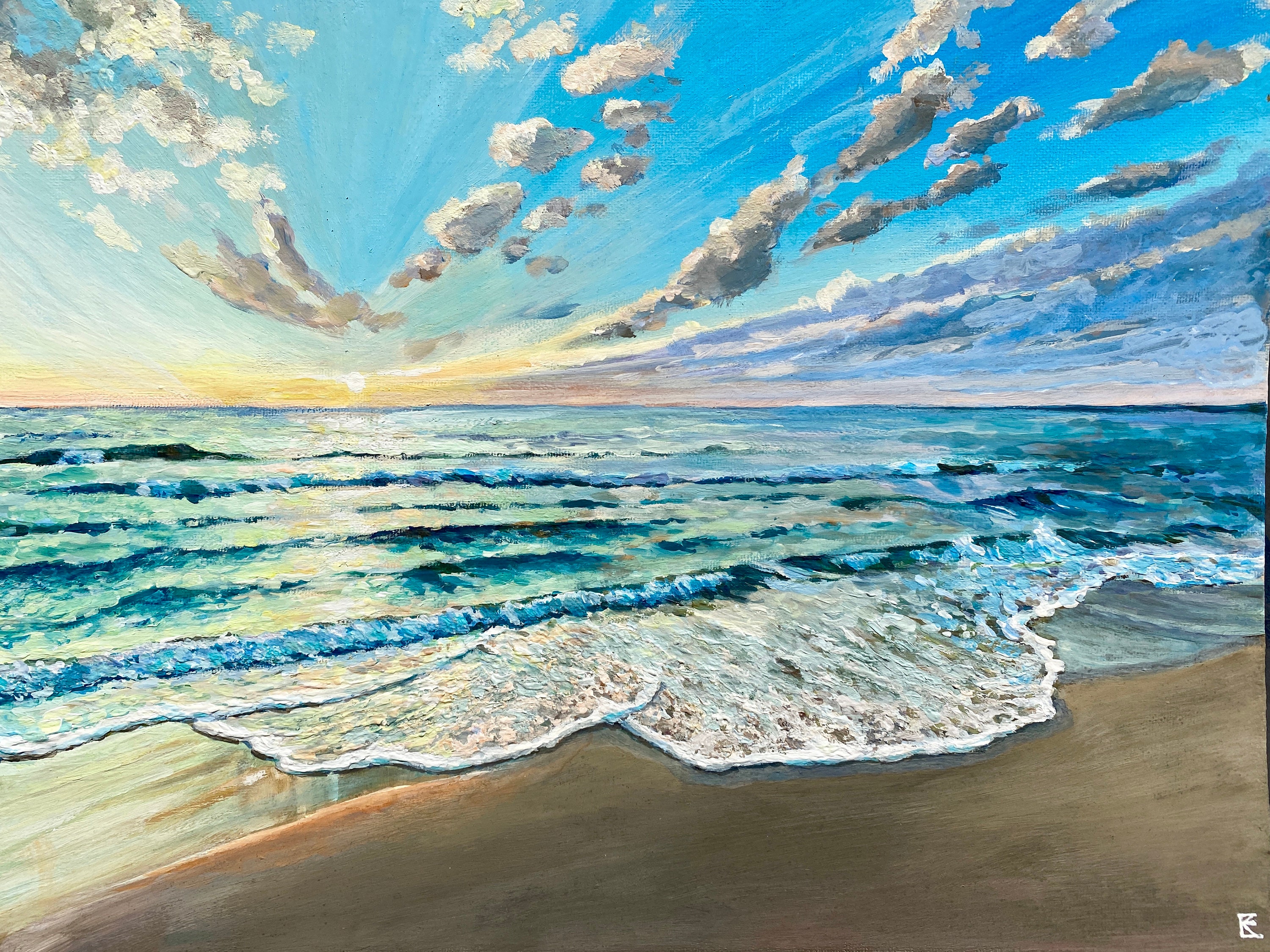 Original acrylic seascape painting sunset on the beach