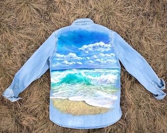 Original custom hand painted denim shirt jacket sea waves landscape