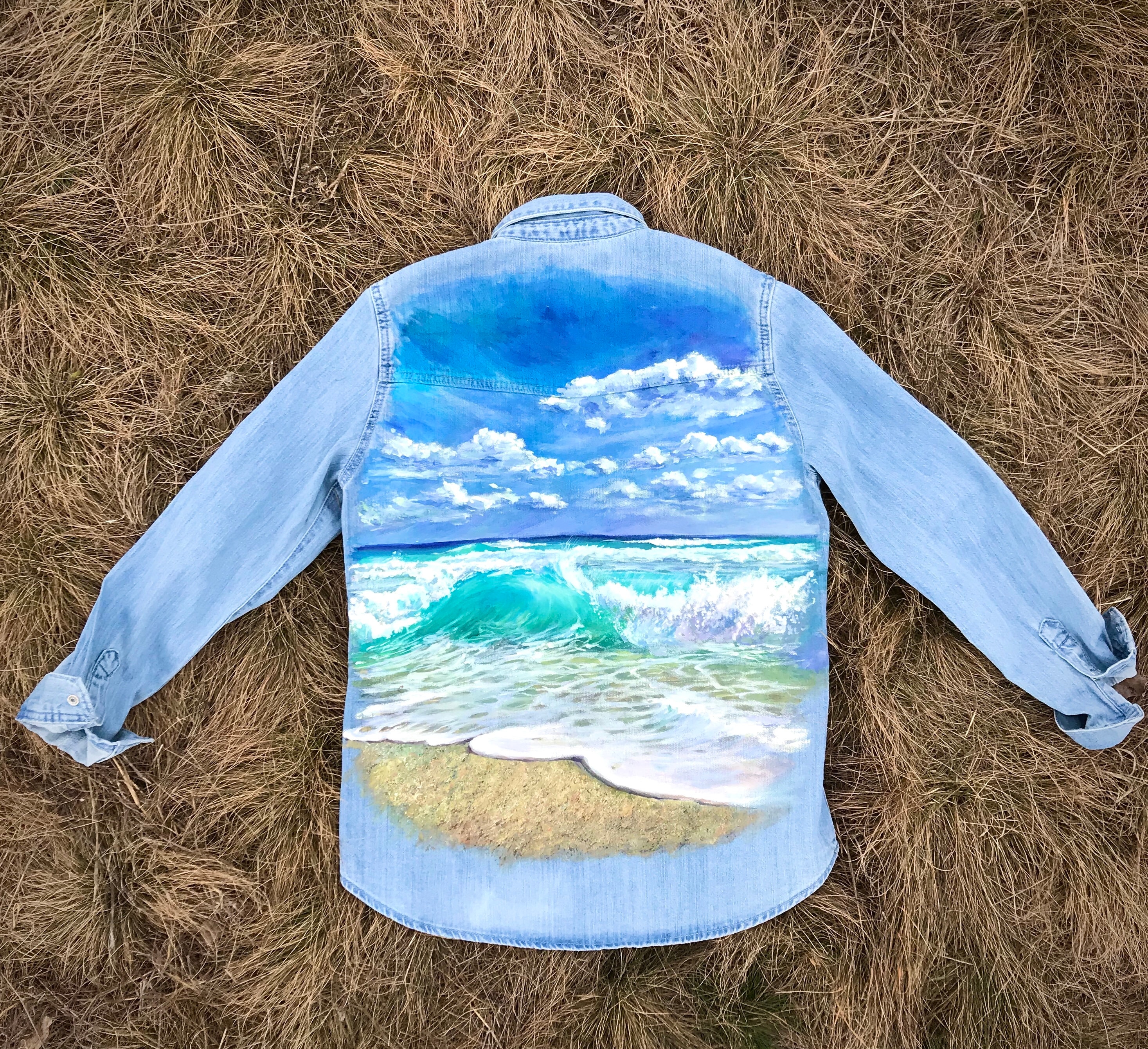 Original Custom Hand Painted Denim Shirt Jacket Sea Waves 