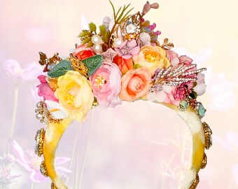 Diadema floral Tahití-corona de flores-tocado-tocado nupcial-diadema de boda-diadema de flores-corona de boda-tocado boho-Frida Kahlo