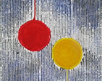 Mancha roja y amarilla con rayas blancas y negras. Impresión de relieve de tinta, tempera y cartón en papel. Descarga digital de bajo costo