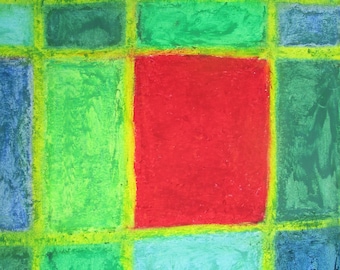Red Square. Modern geometric abstract design. Red and green tiles / patches in oil pastels on paper. Low cost digital download