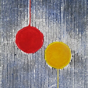 Spot rosso e giallo con strisce bianche e nere. Stampa di inchiostro, tempera e cartone su carta. Download digitale a basso costo