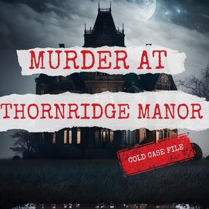 Peut inclure: Un manoir sombre et mena&ccedil;ant avec une pleine lune en arri&egrave;re-plan. Le texte "MURDER AT THORNRIDGE MANOR" est &eacute;crit en rouge sur du papier blanc aux bords d&eacute;chir&eacute;s. Un tampon rouge avec le texte "COLD CASE FILE" est au premier plan.