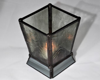 Handmade Small Stained Glass Votive or Tea Light Candle Holder in Smokey Gray Transparent Glass