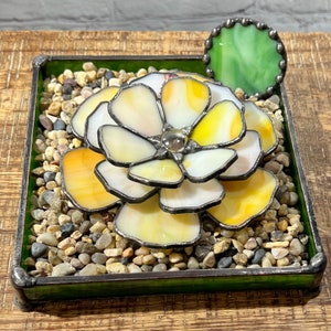 3D Stained Glass Flower Decor; Tabletop Accent; Wedding Decor; Glass Candleholder, Stained Glass Ring Dish; Yellow Stained Glass Flower