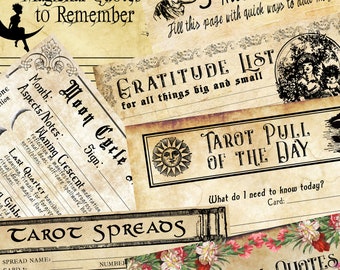 May include: A printable sheet with a vintage aesthetic featuring a variety of witchy and tarot-themed journaling prompts and spreads. The sheet includes a gratitude list, a moon cycle tracker, a tarot pull of the day, and a tarot spread template. The text "Magickal Quotes to Remember" appears at the top of the sheet.