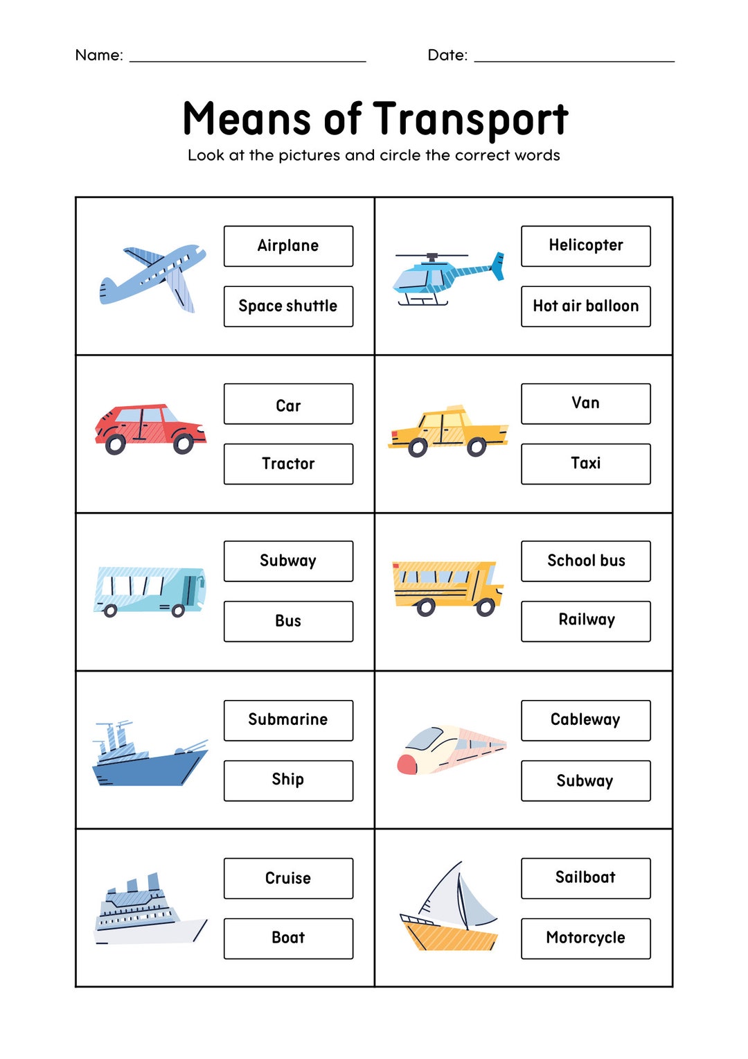 Means of transport online exercise for A1