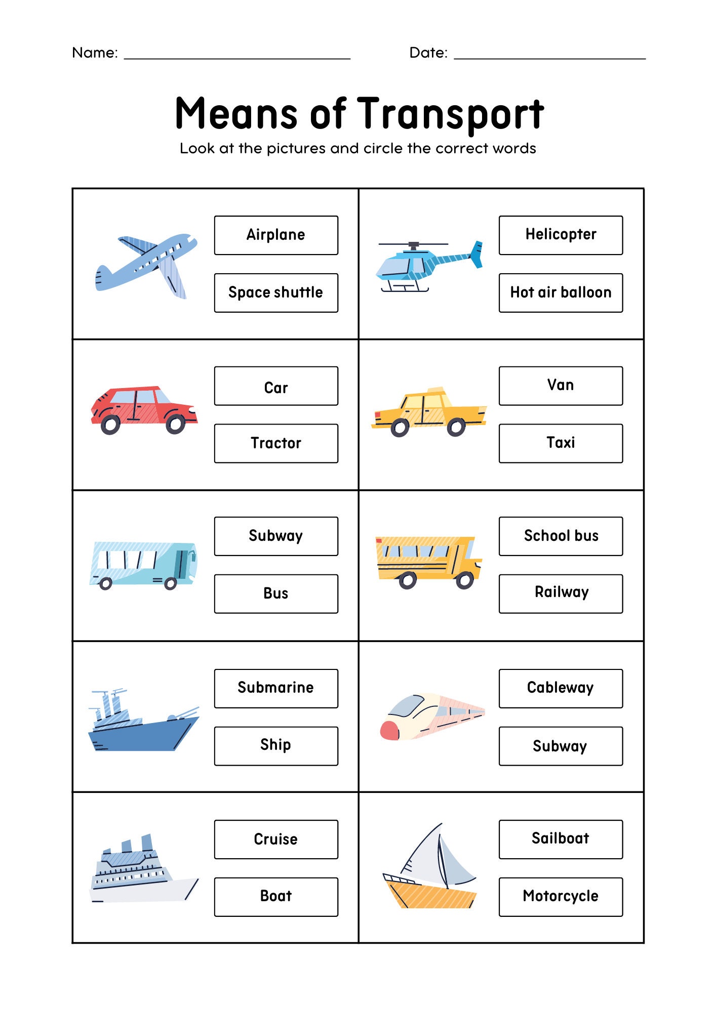 Means Of Transport Vocabulary Worksheet