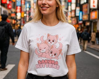 Maglietta con simpatici gattini Sakura, adorabile maglietta per amanti dei gatti, in morbido cotone, regalo perfetto per chi ha animali domestici, moda primaverile