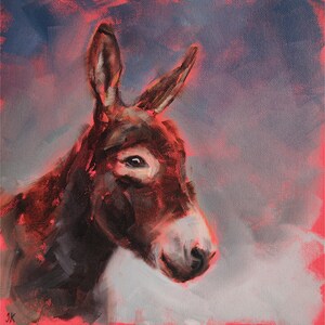 Donkey painting, Original farm animal wall art on canvas panel 10 by 10&quot;, Donkey portrait by Iryna Khort