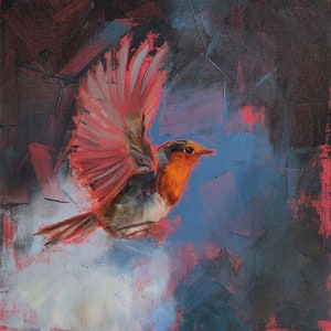 Original robin oil painting, Bird wall art by Iryna Khort, European Robin bird artwork