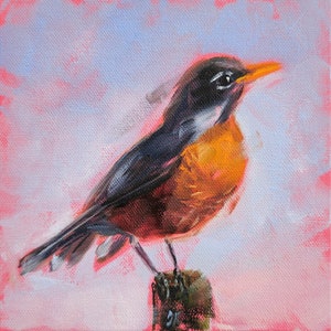 Robin painting, Original bird wall art, Animal artwork on canvas panel 6 by 6&quot;, American robin bird