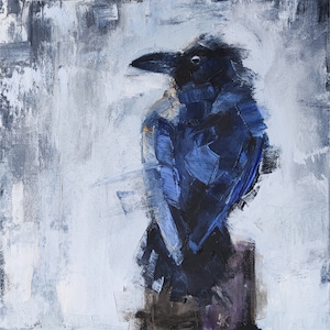 カラスの絵画、キャンバス パネルに描かれたオリジナルのカラスの壁画、10 x 10 インチ、ゴシック アート、Iryna Khort による鳥のアートワーク