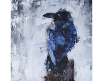 Pintura de corvo, arte de parede original de corvo em painel de tela 10 por 10", arte gótica, arte de pássaro de Iryna Khort