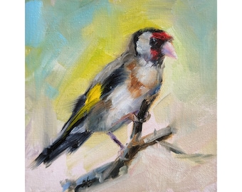Goldfinch painting Original bird wall art on small canvas 6 by 6" Hand painted animal artwork