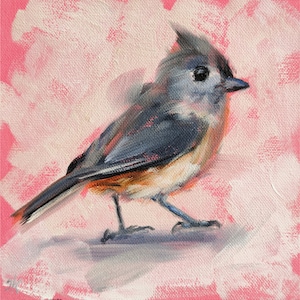Tufted titmouse painting, Original bird wall art, Mini animal artwork 6 by 6 inches