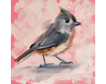 Tufted titmouse painting, Original bird wall art, Mini animal artwork 6 by 6 inches