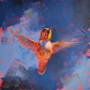 Hummingbird painting, Original bird wall art on canvas panel 12 by 12&quot;, Flying bird art by Iryna Khort