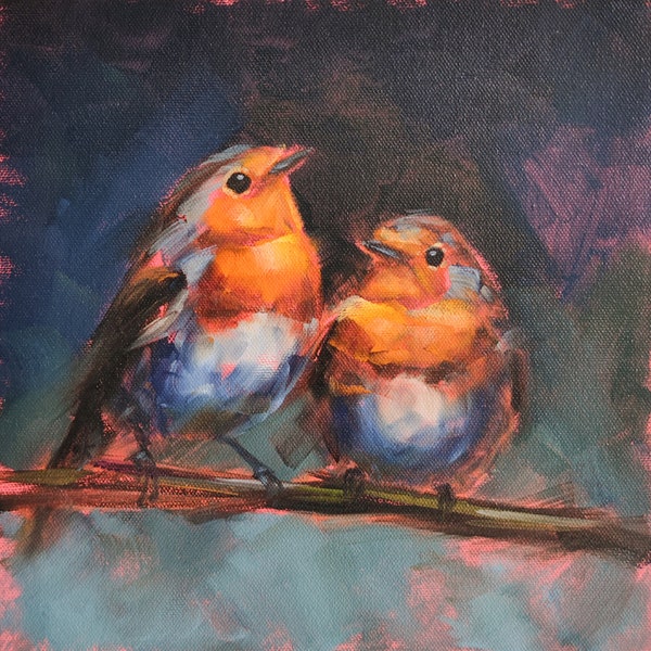 Robin painting, Original couple bird wall art on canvas panel 10 by 10" by Iryna Khort