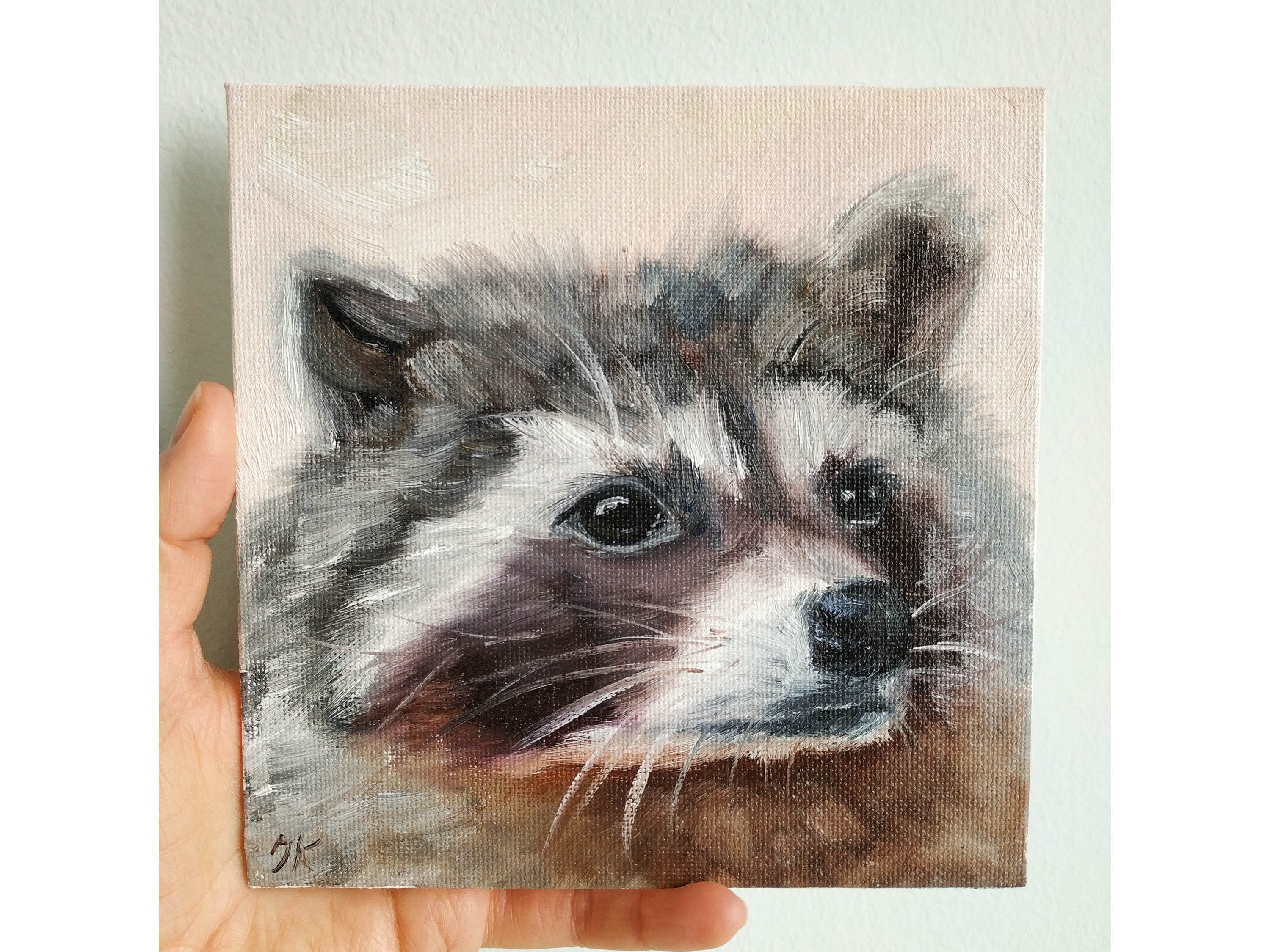 Raccoon painting Original mini animal artwork on canvas panel 6 by 6 Ready to ship nursery wall art