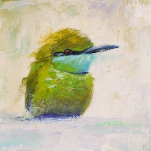Green bird painting, Original tropical wall art by Iryna Khort