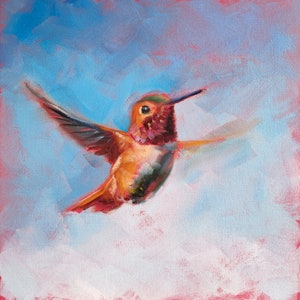Pintura de beija-flor, arte de parede original de pássaro voador 10x10 polegadas por Iryna Khort