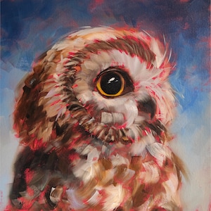 Owl painting, Original bird wall art on canvas panel 12 by 12 inches, Animal art by Iryna Khort