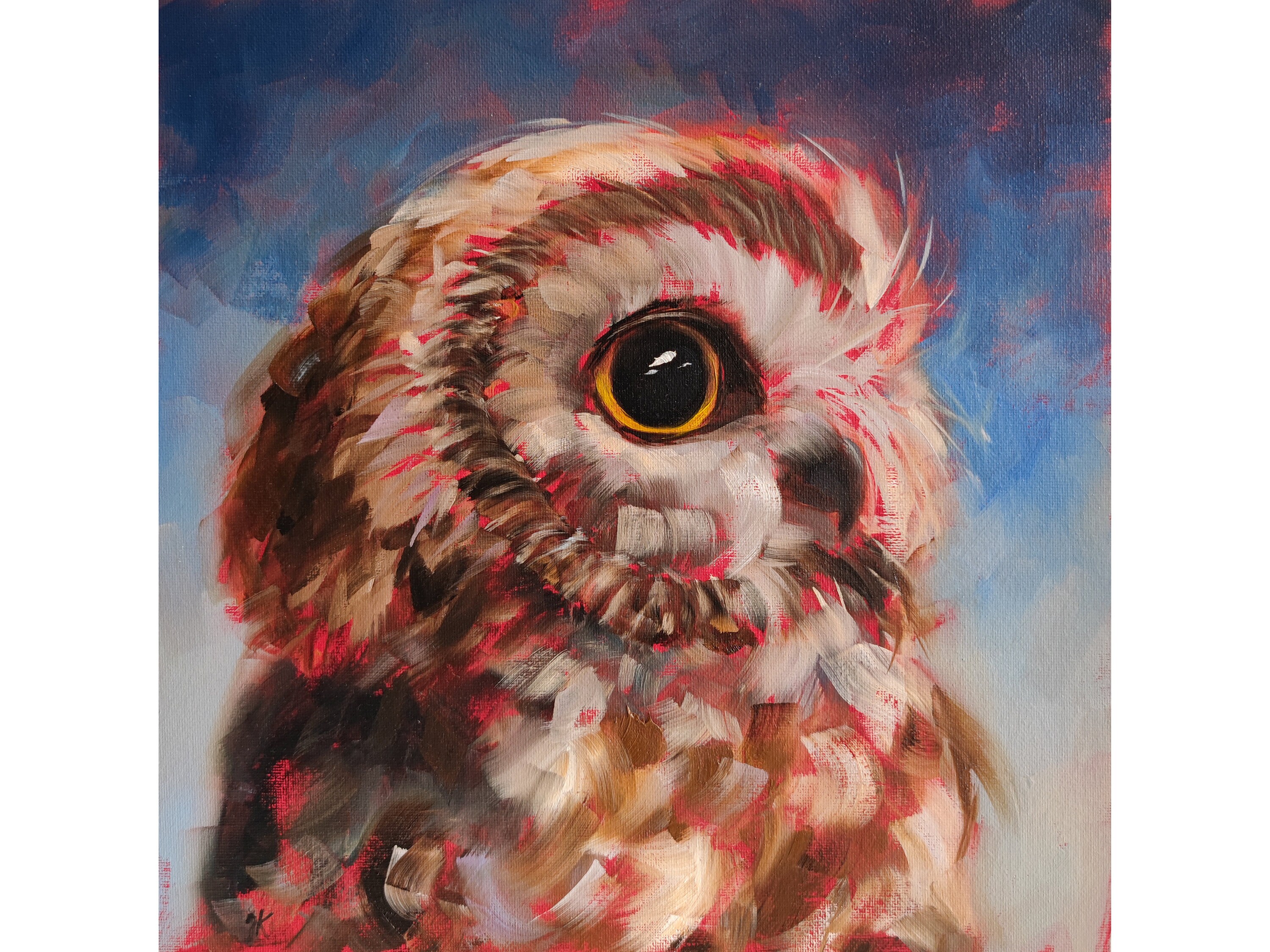 Owl painting, Original bird wall art on canvas panel 12 by 12 inches, Animal art by Iryna Khort