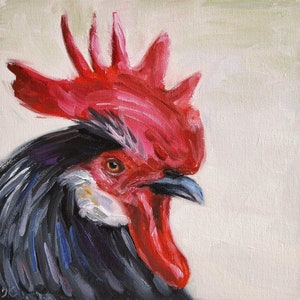 Rooster painting, Original chicken bird wall art, Rustic art on canvas 8 by 8&quot;, Rooster portrait