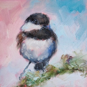 Chickadee painting, Original bird art on canvas panel 6 by 6 inches by Iryna Khort