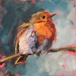 Robin painting, Original bird wall art on canvas 8 by 8&quot;, Hand painted art by Iryna Khort