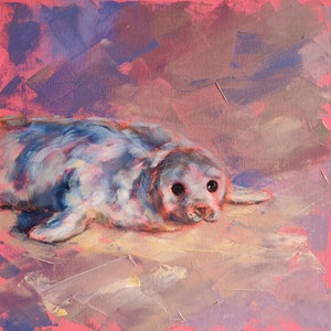 Baby seal painting, Original sea animal wall art on canvas panel 12 by 12" by Iryna Khort