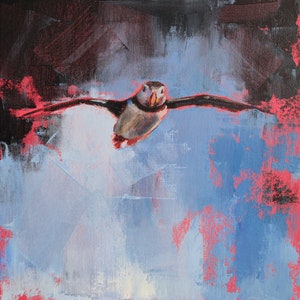 Puffin painting Original bird wall art on canvas panel 12 by 12&quot; by Iryna Khort