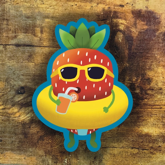 Strawberry Pool Boy, summer aesthetic, beach vacation, pool party sticker, for water bottles, laptops, planner stickers, bullet journaling,