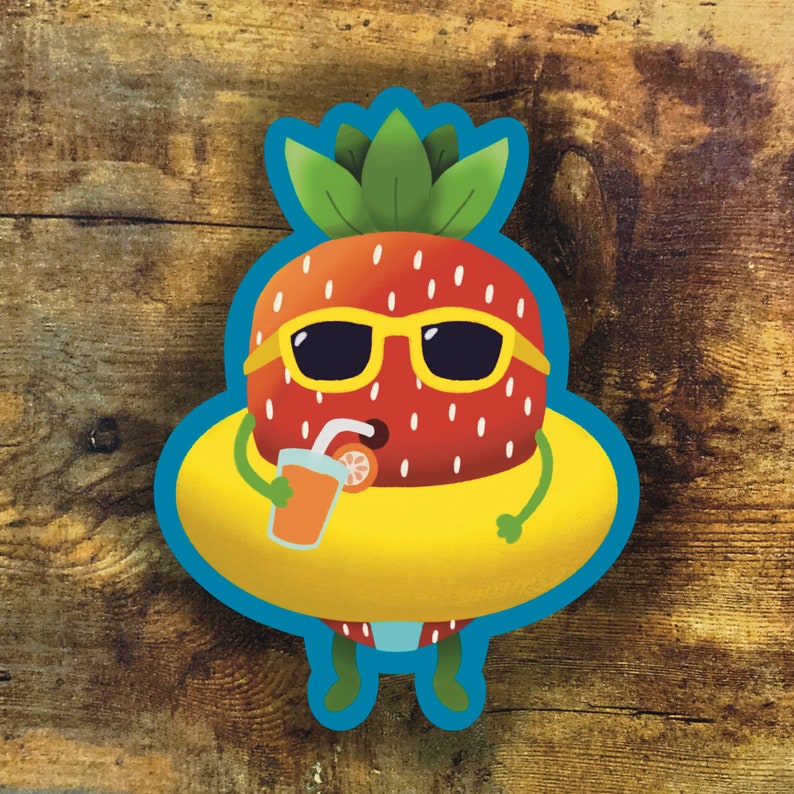 May include: A cartoon strawberry wearing sunglasses and a yellow inflatable ring, holding a glass of orange juice with a straw.