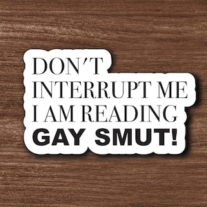 May include: A white sticker with black text that reads "DON'T INTERRUPT ME I AM READING GAY SMUT!" The sticker has a rounded shape and is set against a brown wood grain background.