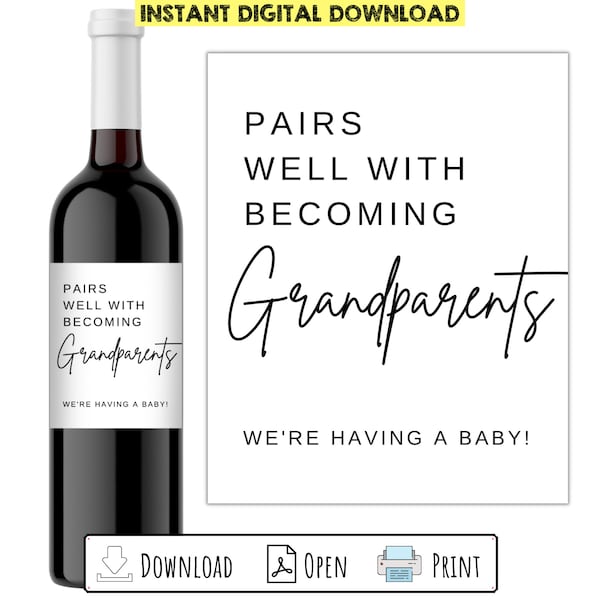 Pairs Well with Becoming Grandparents Printable Wine Bottle Label Pregnancy Announcement | DIY Sticker Label | Baby Announcement
