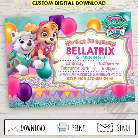 Custom Personalized Paw Patrol Birthday Invitation For Girls Etsy