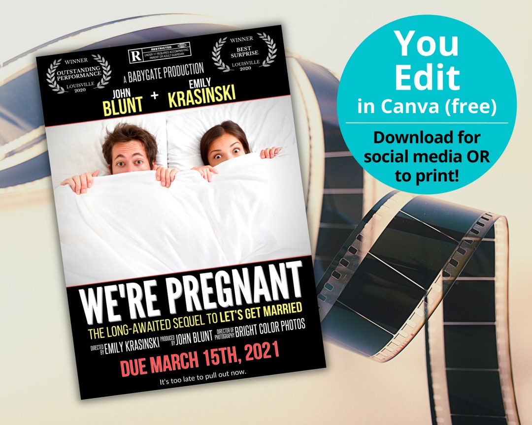 Pregnancy Announcement Movie Poster Template, Funny Editable Printable Digital Pregnancy