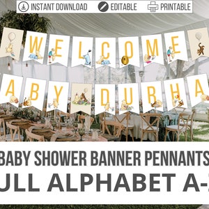 Bandiere classiche per striscioni per baby shower Winnie-the-Pooh, decorazioni per feste con orsetti Pooh vintage stampabili modificabili, gagliardetti con alfabeto completo, striscioni fai-da-te