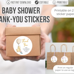 Pegatinas clásicas de agradecimiento de Winnie-the-Pooh Baby Shower, etiquetas de favor de fiesta de oso Pooh vintage imprimibles editables, círculo de 2,5 pulgadas, bricolaje personalizado