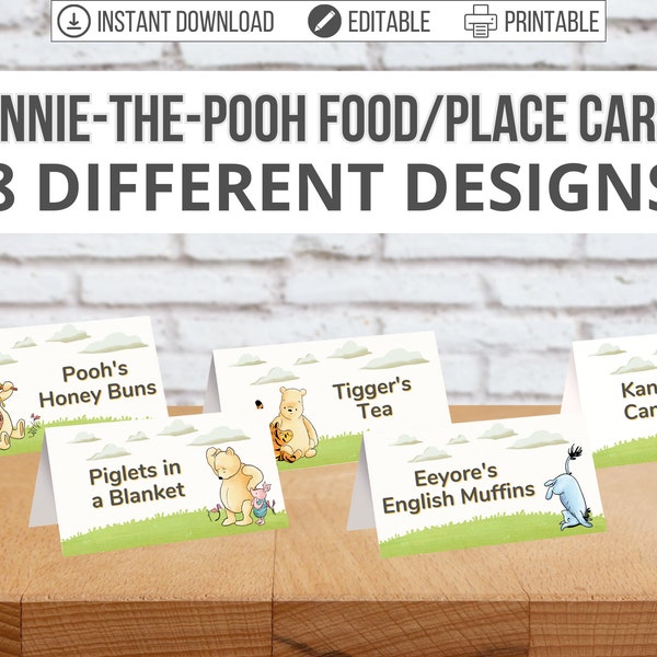 Classic Winnie-the-Pooh Tented Baby Shower Food Cards, Editable Printable Vintage Pooh Bear Name Cards, Double-Sided DIY Party Placeholders