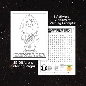 Könnte beinhalten: Ein Set aus druckbaren Aktivitätsblättern mit einer schwarz-weißen Malvorlage von Chewbacca, einem Wortsuchrätsel mit dem Text STAR WARS WORD SEARCH, 15 Malvorlagen, 4 Aktivitäten und 2 Schreibübungsseiten mit einer kleinen Grogu-Grafik.