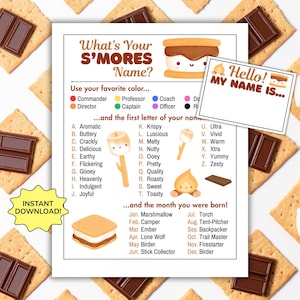 以下が含まれることがあります： 楽しくてカラフルなデザインの、印刷可能なS'Moresネームゲーム。このゲームには、ユニークなS'Moresの名前を決定するための形容詞、色、月のリストが含まれています。画像には、小さなネームタグと黄色の「インスタントダウンロード！」グラフィックも表示されています。