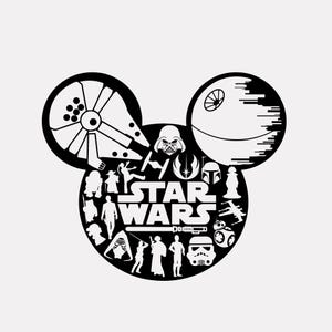 Może przedstawiać: Czarno-biała naklejka graficzna w kształcie sylwetki głowy myszy. Projekt zawiera logo Star Wars pośrodku, otoczone różnymi sylwetkami postaci i pojazdów, w tym Dartha Vadera, szturmowca oraz Gwiazdy Śmierci.