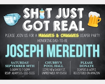 May include: A baby shower invitation with the text "SHOT JUST GOT REAL" and "JOSEPH MEREDITH". The invitation includes illustrations of a diaper, baby bottle, and beer mug. Details include date, time, location, and RSVP information.