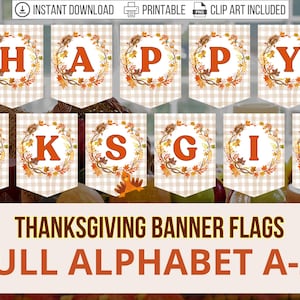 Printable Happy Thanksgiving Banner, PDF Thankful Harvest Flags, PNG Clip Art Images, Grateful Blessed Door Banner, Fall Autumn Turkey Theme