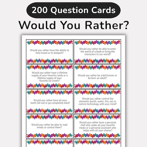 Op de afbeelding: Een set van 200 Would You Rather-vraagkaarten met zwarte tekst op een witte achtergrond. Elke kaart is omrand met een kleurrijk puzzelstukjespatroon in blauwe, oranje, paarse en groenblauwe tinten. De kaarten bevatten diverse hypothetische vragen.